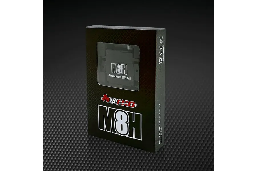 Power HD M8H micro servo in its black retail packaging box, viewed from a slight angle against a dark textured background.