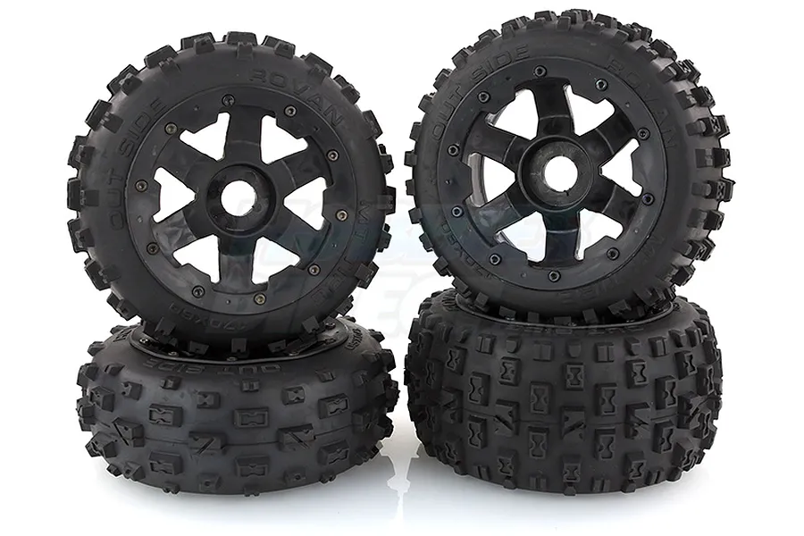 Rovan 4.7/5.5&amp;quot; Baja 5B Bow Tie Tyres on Black Rims - Beadlocked Wheel Set image 10314