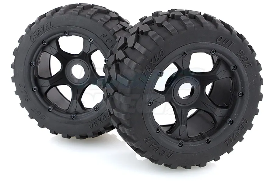 Rovan 4.7/5.5&amp;quot; Baja 5B Rear Gravel Tyres on Black Rims - Beadlocked Wheels 2Pcs image 10415