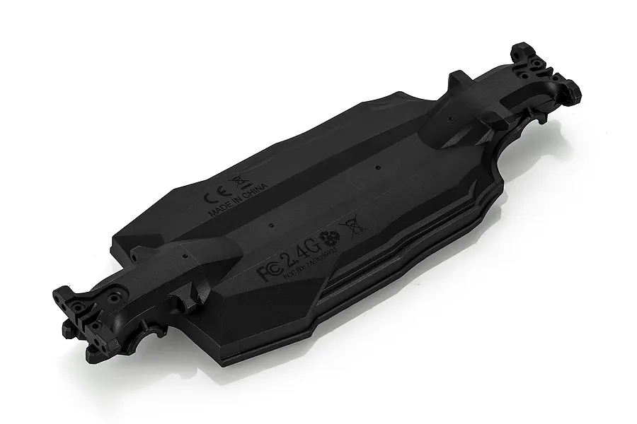 A black plastic main chassis for a 1/18 scale RC car, shown from an elevated angle against a white background.