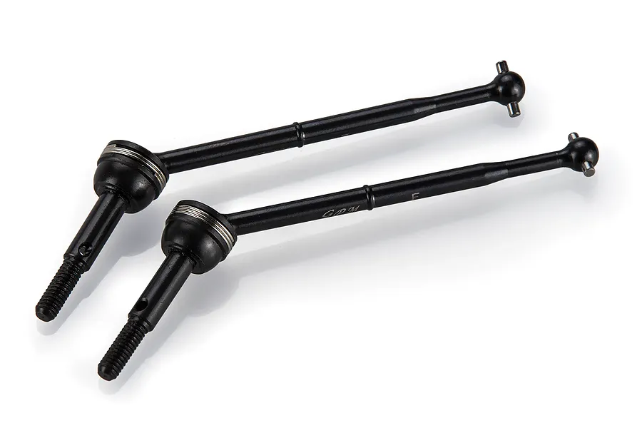 Two black GPM Racing carbon steel front CVD driveshafts for RC cars, shown against a white background.
