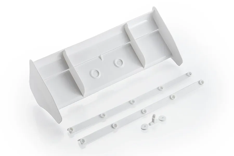 Kyosho 210mm white rear wing set for RC cars, including the main wing, two support strips, and small mounting hardware on a white background.