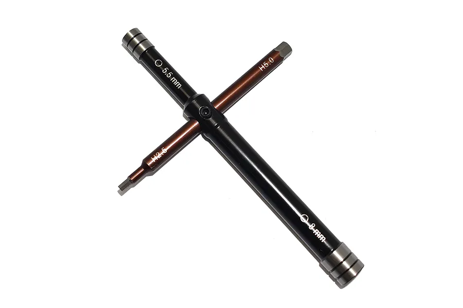 A GPM 4-in-1 multi-wrench tool featuring black and bronze metal components with 5.5mm, 8mm nut drivers and 2.5mm, 5mm hex drivers.