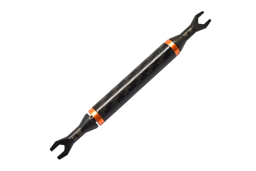 GPM Racing double-ended wrench tool with a carbon fiber handle and orange metal accents, featuring H3.75 and H4.25 sized heads.