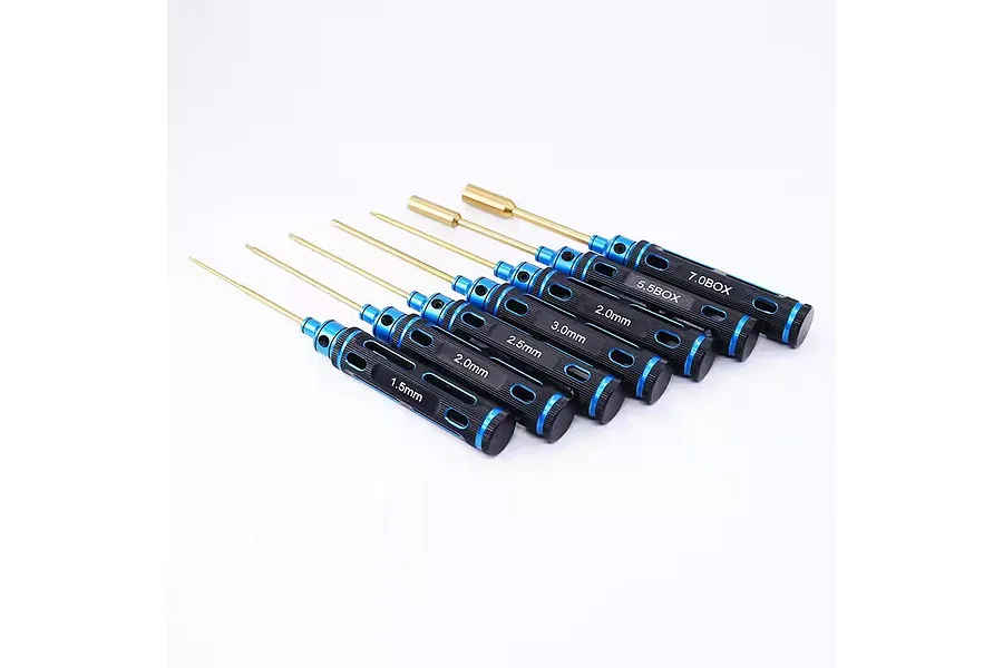 A set of seven GPM Racing blue and black hex and nut driver tools arranged diagonally on a white background.