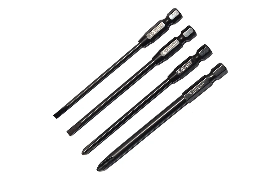 A set of four GPM Racing screwdriver bits with black shafts and marked sizes, including flat head and Phillips head tips.