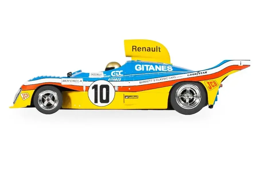 Side profile of a Scalextric 1/32 scale Mirage GR8 slot car, featuring a blue and yellow livery with number 10 and various sponsor decals.