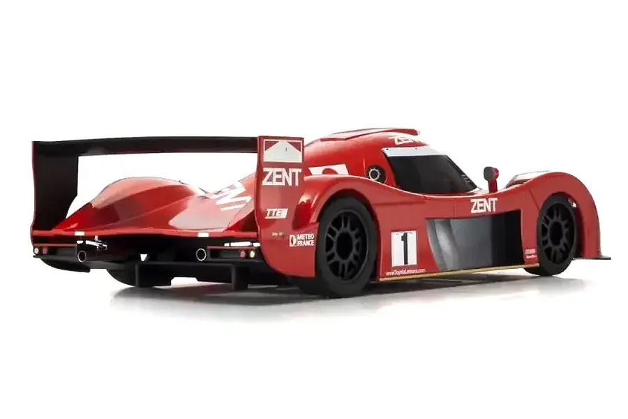 Rear three-quarter view of a red Kyosho Mini-Z Toyota GT-One TS020 RC car with No.1 livery on a white background.