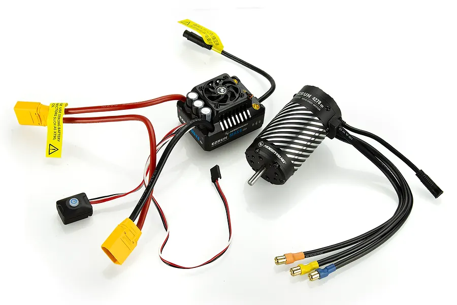 Hobbywing EZrun Max8 G2S ESC and 4278SD 2250Kv brushless motor combo with wiring, connectors, and power switch on a white background.