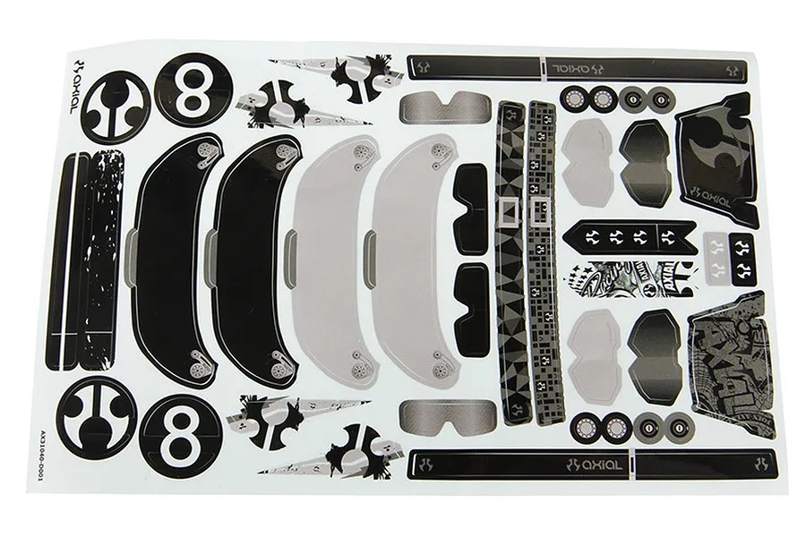 A sheet of Axial brand decal stickers for the Y-480 helmet set, featuring black and white racing graphics, logos, and number 8 decals.