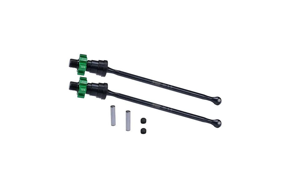 Two black metal CVD driveshafts with green aluminium wheel hexes, two metal pins, and two small grub screws on a white background.