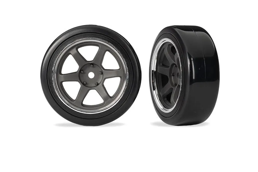 Traxxas 1.9&amp;quot; Hard Compound Front Drift Tyres on 6 Spoke Grey Rims 2Pcs - Glued Wheels image 106343