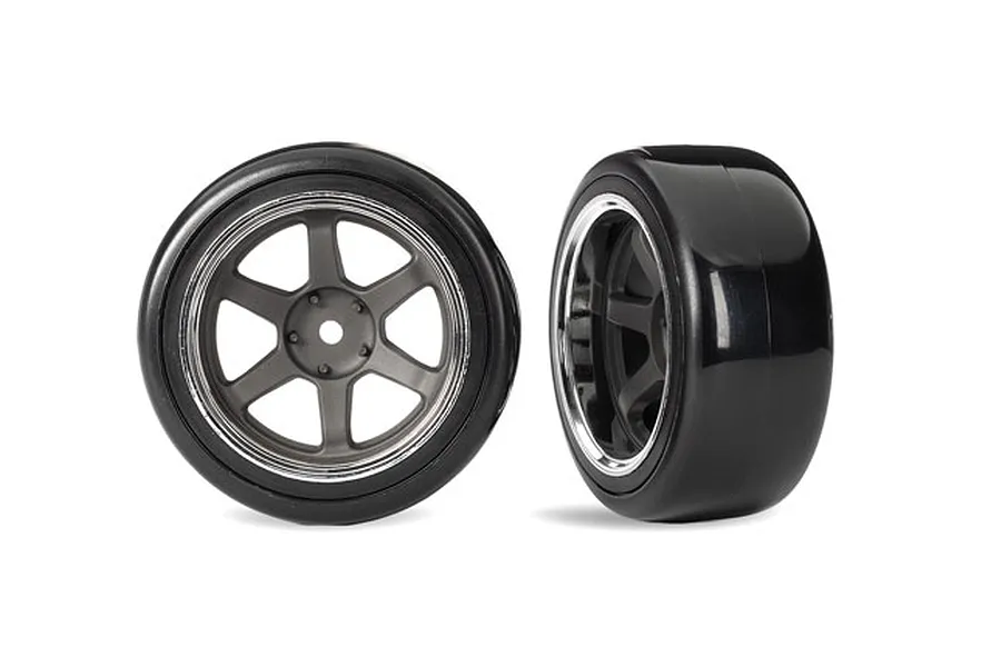 Traxxas 1.9&amp;quot; Hard Compound Rear Drift Tyres on 6 Spoke Grey Rims 2Pcs - Glued Wheels image 106344