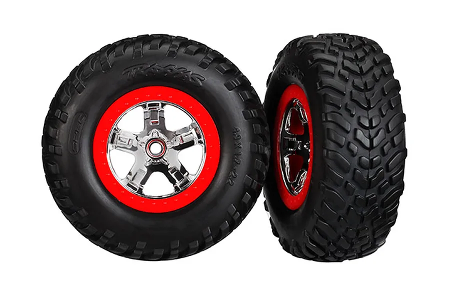Traxxas 2.2/3.0&amp;quot; Off Road Tyres on Red/Chrome Rims - Glued Wheels 2Pcs image 106398