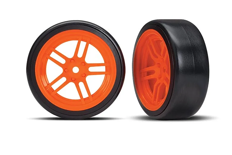 Traxxas 1.9&amp;quot; Orange Split Spoke Front Rims on Hard Plastic Drift Tyres 2Pcs - Glued Wheels image 106403