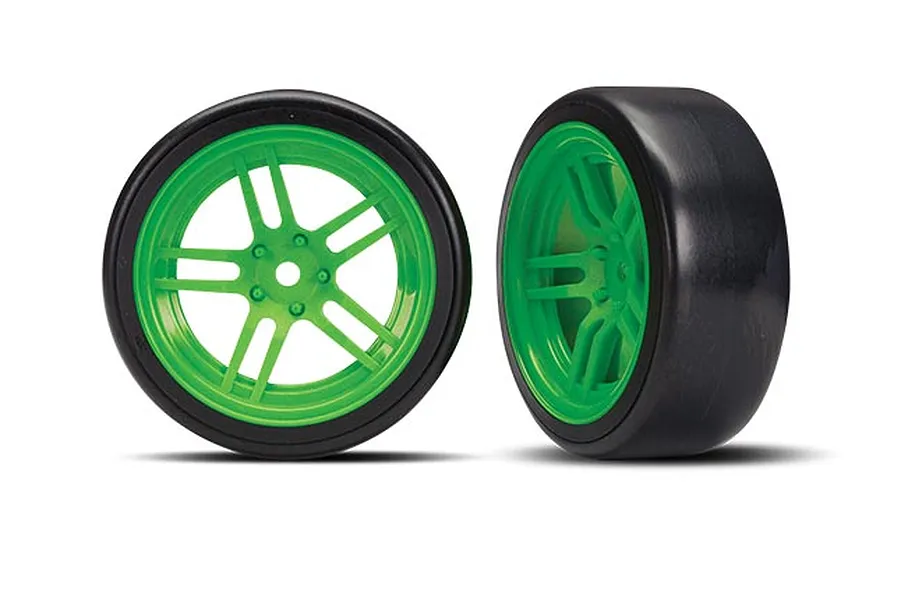 Traxxas 1.9&amp;quot;  Green Split Spoke Front Rims on Hard Plastic Drift Tyres 2Pcs - Glued Wheels image 106404