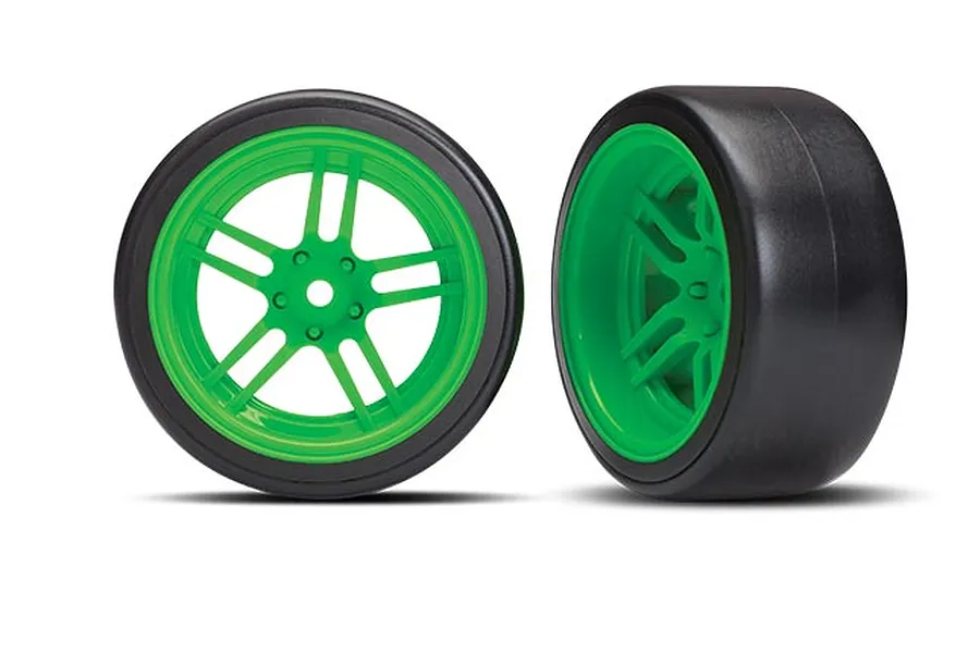 Traxxas 1.9&amp;quot; Green Split Spoke Rear Rims on Hard Plastic Drift Tyres 2Pcs - Glued Wheels image 106406