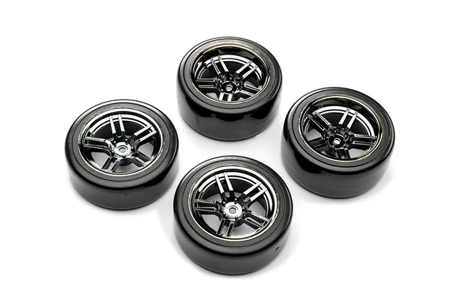 Traxxas 1.9&amp;quot; Chrome Split Spoke Rims on Hard Plastic Drift Tyres 4Pcs - Glued Wheels image 106407
