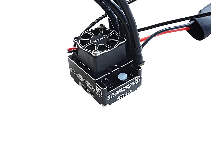 Team Powers Radon Mini Spec V2BT 1S brushless ESC with cooling fan, showing power button and wiring.