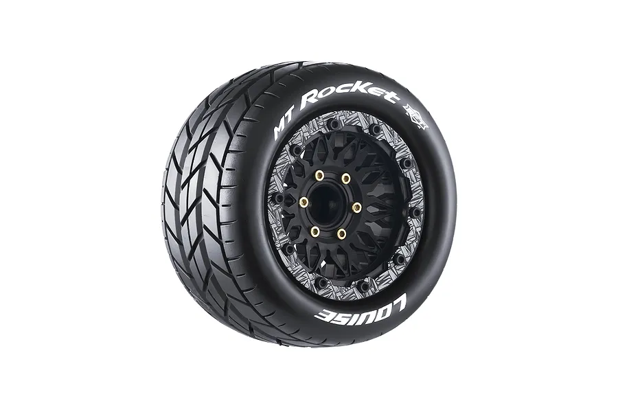 A single Louise MT-Rocket RC monster truck wheel with a black multi-spoke rim and treaded rubber tyre against a white background.