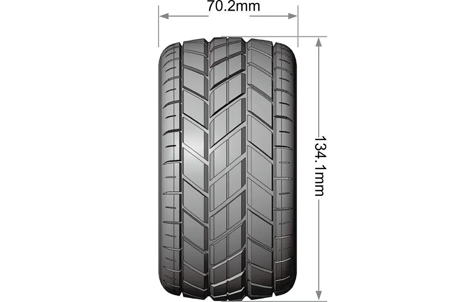 Technical diagram showing the tread pattern and dimensions of a Louise MT-Rocket RC tyre, with a width of 70.2mm and a diameter of 134.1mm.