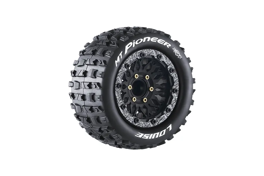 A single Louise MT-Pioneer RC monster truck wheel with a black multi-spoke rim and aggressive tread pattern tire on a white background.