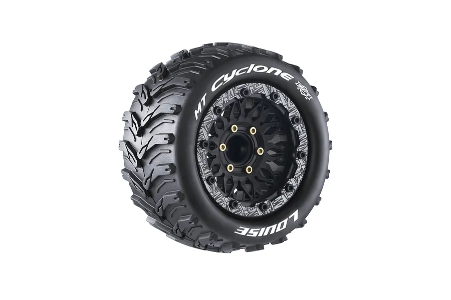 A single Louise MT-Cyclone RC monster truck wheel with a black multi-spoke rim and aggressive tread pattern, isolated on a white background.