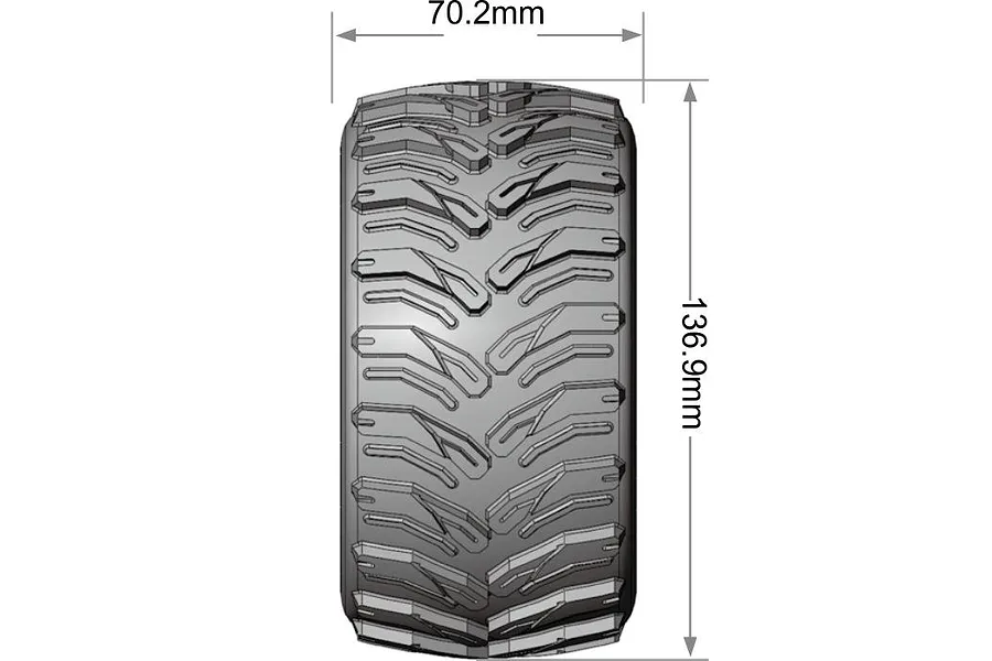 Technical diagram showing the dimensions of a Louise MT-Cyclone RC monster truck tyre, indicating a width of 70.2mm and a diameter of 136.9mm.