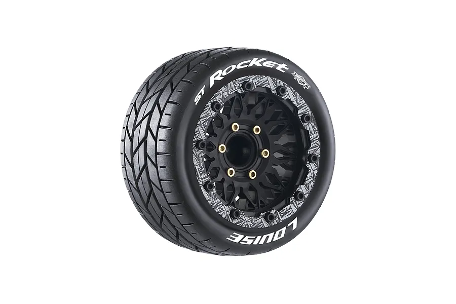 A single Louise ST-Rocket 1/10 scale stadium truck wheel with a black multi-spoke rim and patterned beadlock ring, set against a white background.