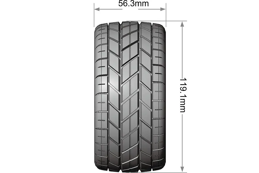 A technical diagram showing the tread pattern and dimensions of an RC stadium truck tyre, measuring 56.3mm in width and 119.1mm in diameter.