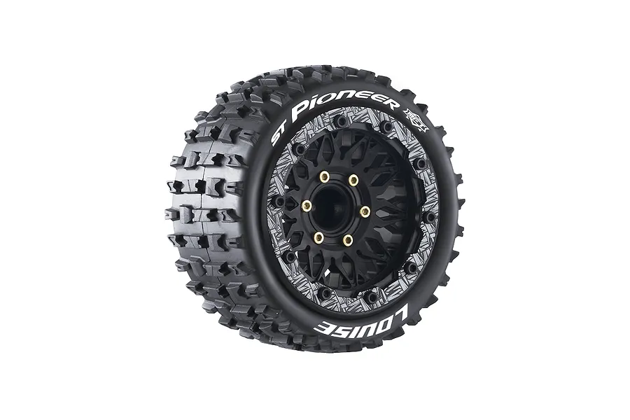 A single Louise ST-Pioneer 1/10 scale RC stadium truck wheel with a black multi-spoke rim and aggressive tread pattern tire.