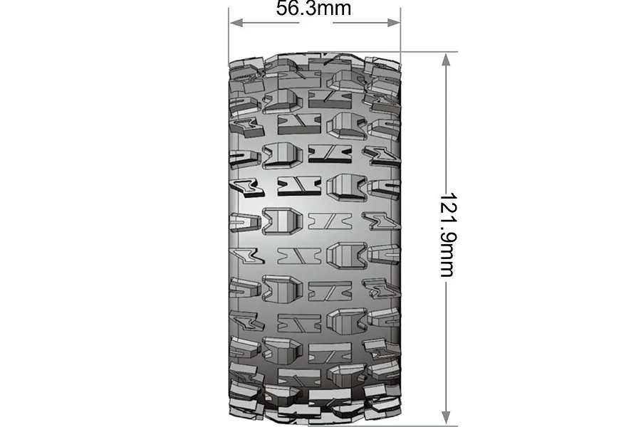 Technical diagram showing the tread pattern and dimensions of a Louise ST-Pioneer RC stadium truck tyre.