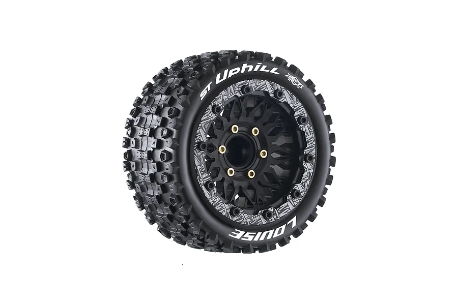A single Louise ST-Uphill 1/10 scale RC stadium truck wheel with a black multi-spoke rim and aggressive off-road tread pattern.