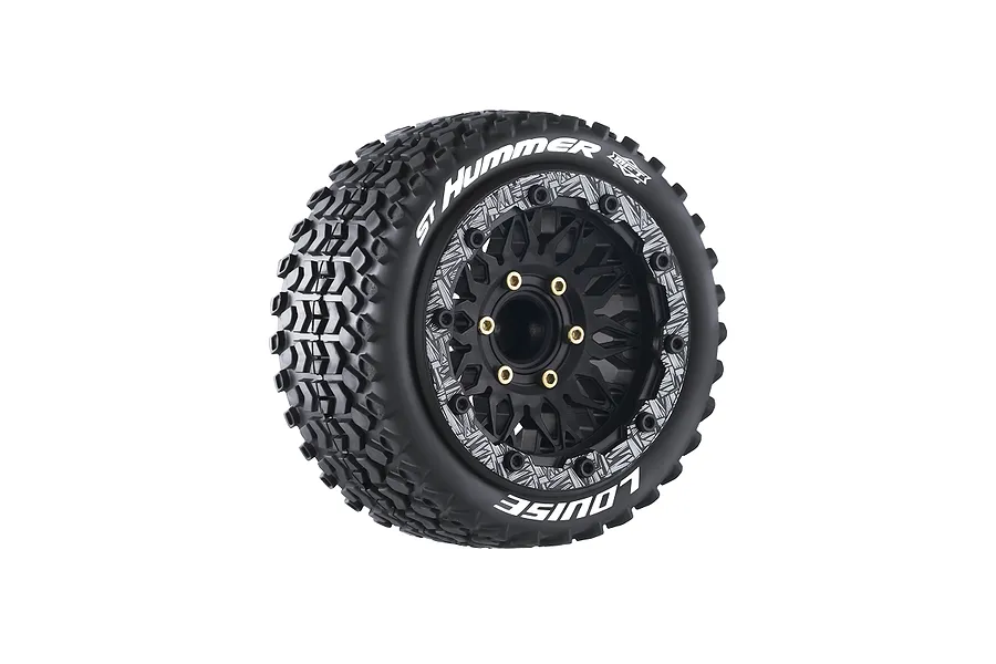 A single Louise 1/10 scale MT-Hummer RC monster truck wheel with a black multi-spoke rim and aggressive tread pattern, isolated on a white background.