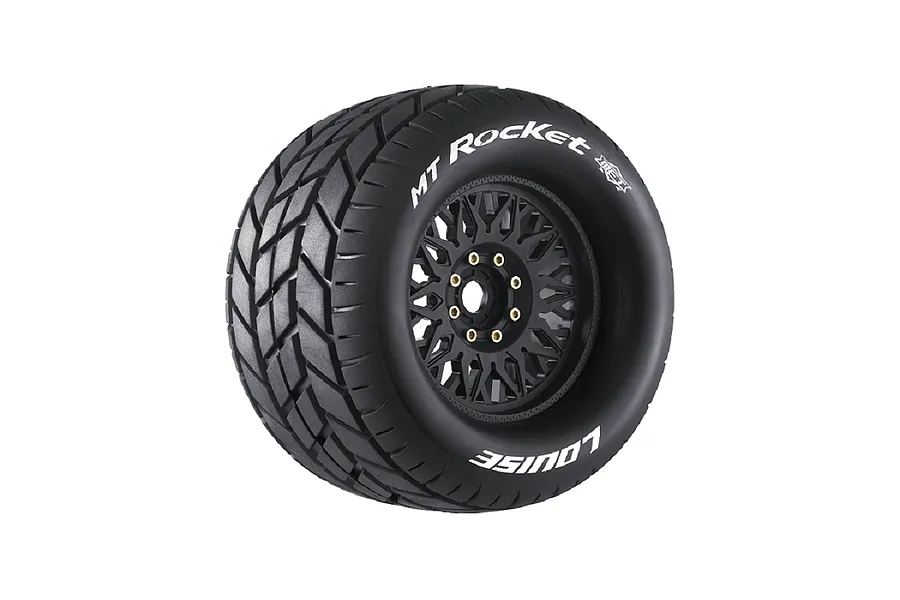Louise 1/8 MT-Rocket (Sport) Tyres on (0&amp;quot;, 1/2&amp;quot; Offset) Black Rims with Hex Adapters - Glued Wheels 2Pcs image 106601