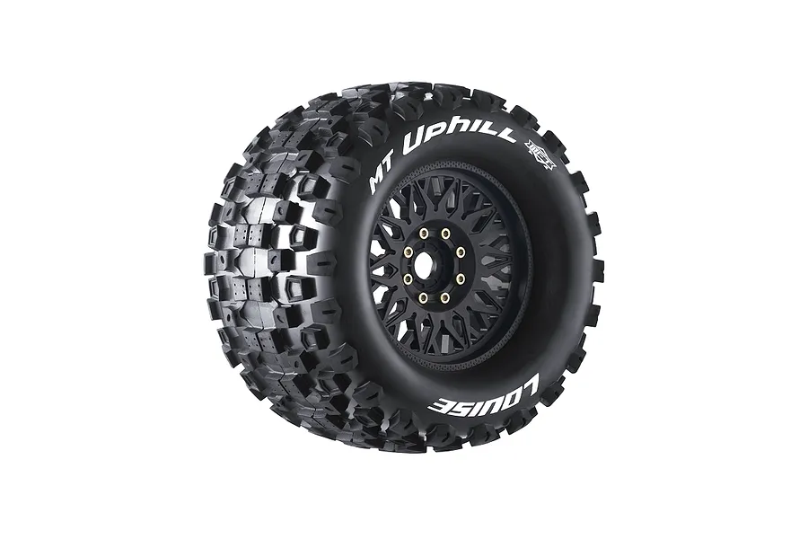 Louise 1/8 MT-Uphill (Sport) Tyres on (0&amp;quot;, 1/2&amp;quot; Offset) Black Rims with Hex Adapters - Glued Wheels 2Pcs image 106611