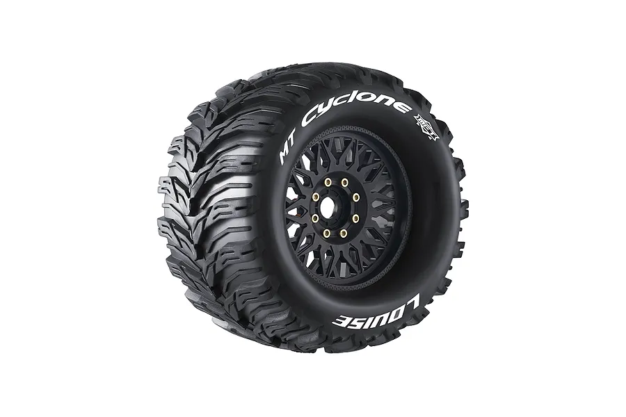 Louise 1/8 MT-Cyclone (Sport) Tyres on (0&amp;quot;, 1/2&amp;quot; Offset) Black Rims with Hex Adapters - Glued Wheels 2Pcs image 106616