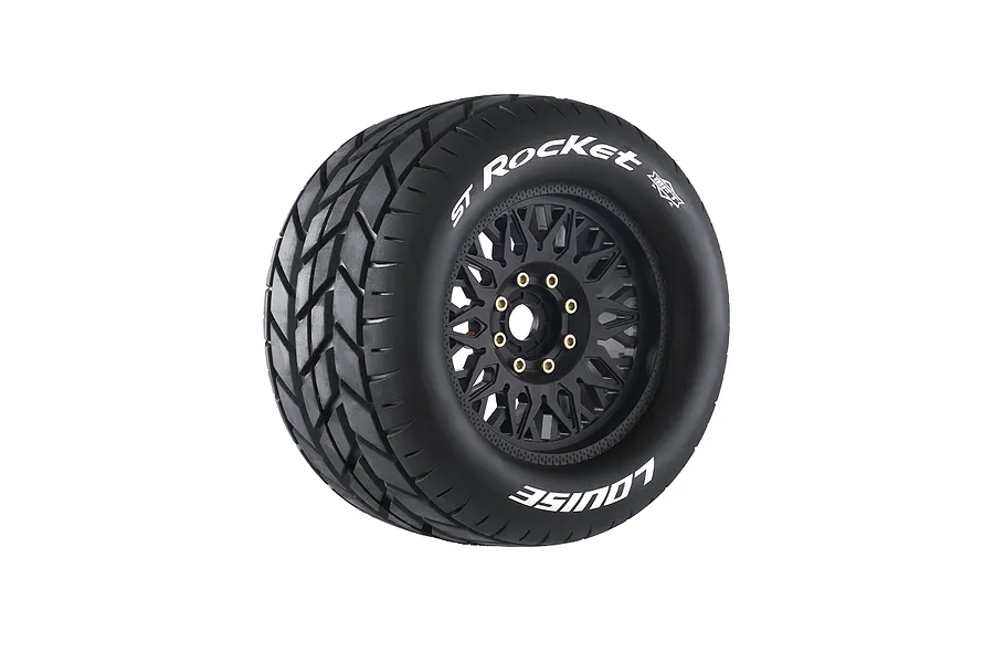 Louise 1/8 ST-Rocket (Sport) Tyres on (0&amp;quot;, 1/2&amp;quot; Offset) Black Rims with Hex Adapters - Glued Wheels 2Pcs image 106621