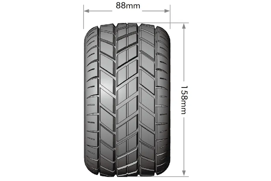 A technical diagram showing the dimensions of an RC stadium truck tyre, with a width of 88mm and a height of 158mm.