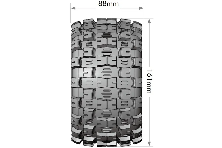 A technical diagram showing the tread pattern and dimensions of an RC stadium truck tyre, measuring 88mm wide and 161mm in diameter.