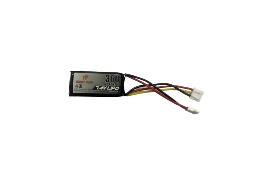 A Hobby Plus 7.4V 360mAh LiPo battery with a black soft case and two white connectors on wires.