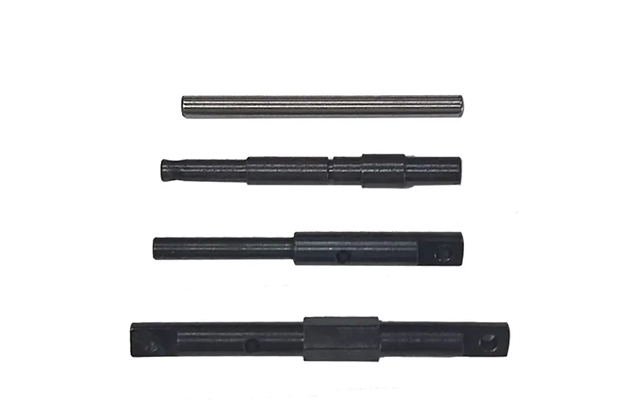 Four metal gear box shafts for RC cars, arranged horizontally against a white background.