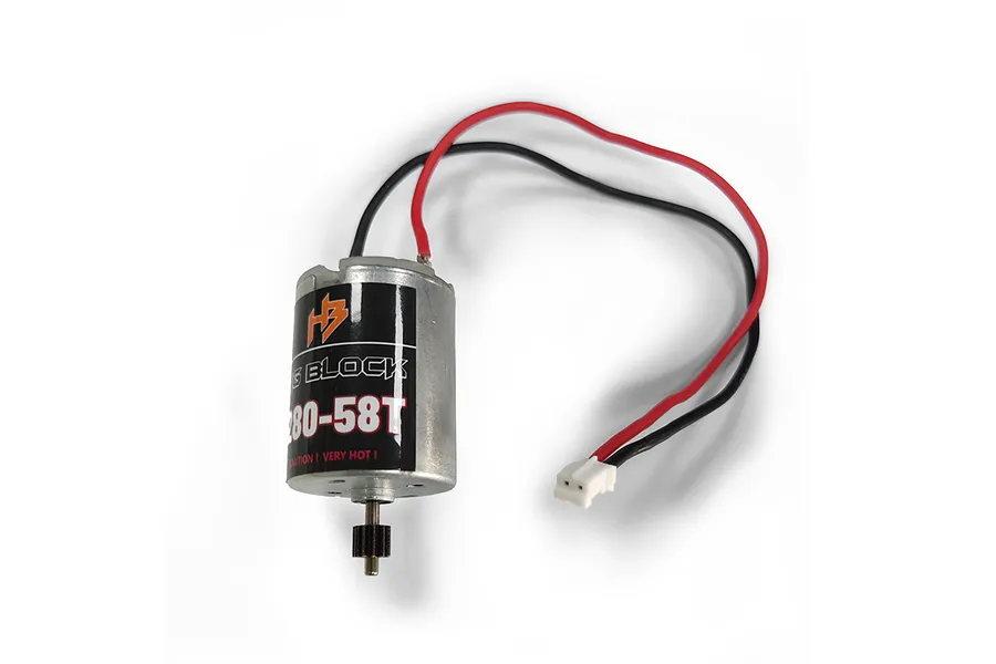 Hobby Plus 280 size 58T brushed RC motor with a metal pinion gear, red and black wires, and a white JST-style connector.
