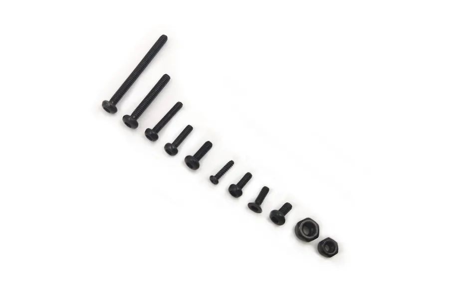 A collection of various black metal screws and two nuts arranged in a diagonal line on a white background.