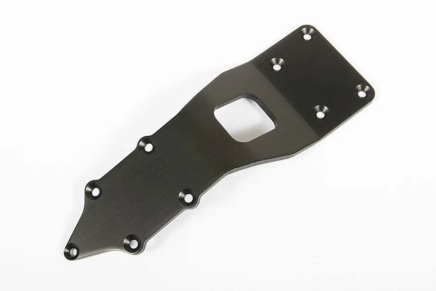 A black aluminium front skid plate for an Axial RC vehicle, featuring a tapered shape with multiple countersunk screw holes and a central cutout.