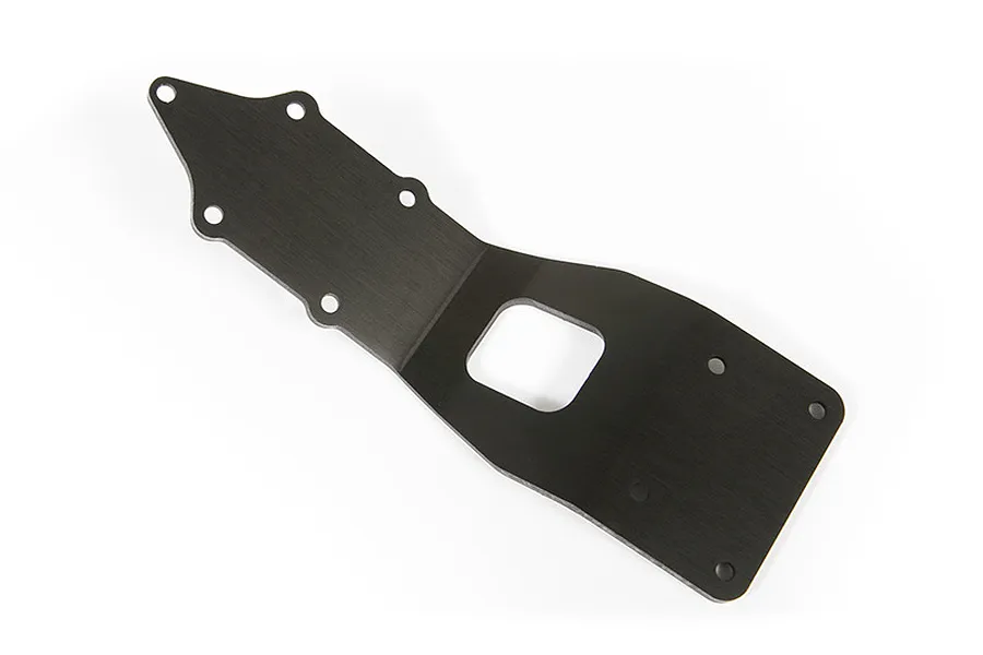 A black aluminium front skid plate for an Axial RC vehicle, featuring a tapered design with multiple mounting holes and a central cutout.