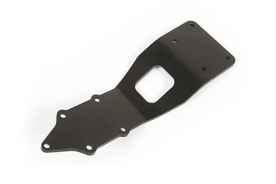 A black aluminium front skid plate for an RC vehicle, featuring a tapered design with multiple mounting holes and a central cutout.
