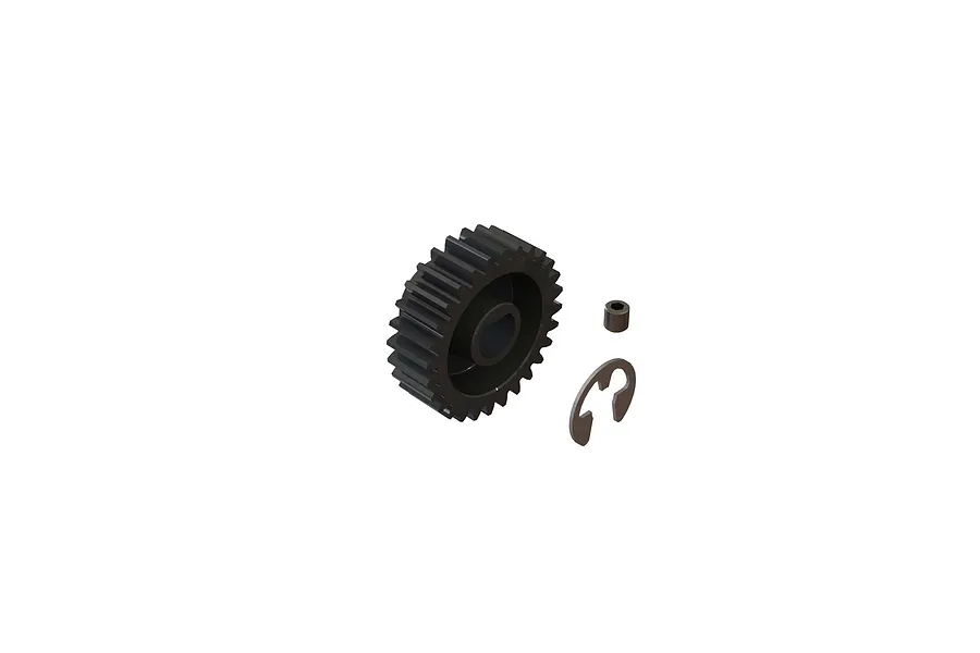 ARRMA 28T 1Mod Safe-D8 pinion gear with a small grub screw and an E-clip on a white background.