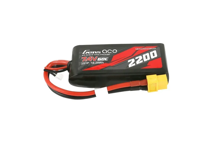 Gens Ace 7.4V 2200mAh 60C soft case LiPo battery with XT60 connector and balance lead.