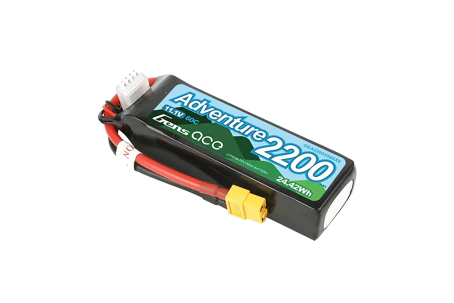 Gens Ace Adventure 11.1V 2200mAh 60C soft case LiPo battery with XT60 connector and balance plug.